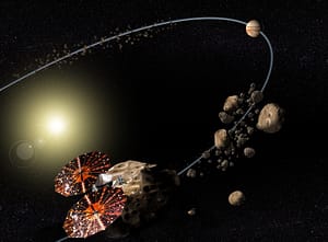 Ilustración de la nave Lucy entre asteroides troyanos de Júpiter