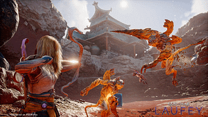 Faye utilizando el Arco Serpentino en God of War Laufey para PlayStation 5