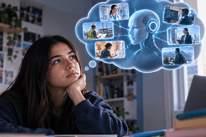 Estudiante reflexiona sobre opciones de carrera ante una representación de inteligencia artificial