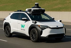 Vehículo blanco de Toyota con sensores y logotipo Waymo, utilizado como representación de la colaboración de movilidad autónoma